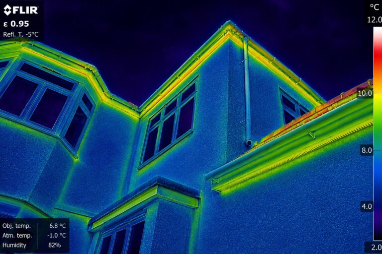 Supplied thermal image of the Hove exterior, showing the camera temperature scale and recorded conditions