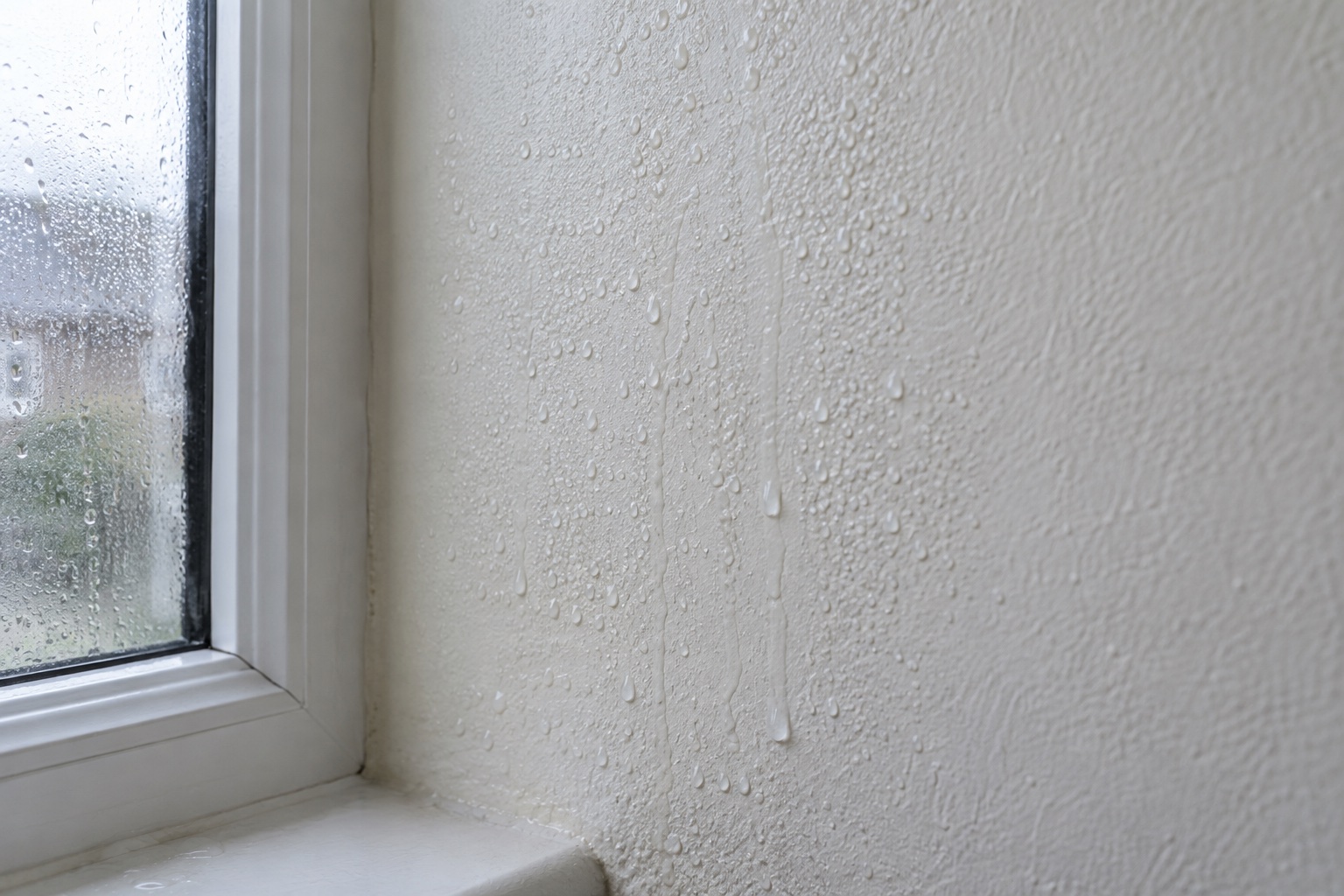AI-generated illustration of condensation droplets on an interior wall beside a window