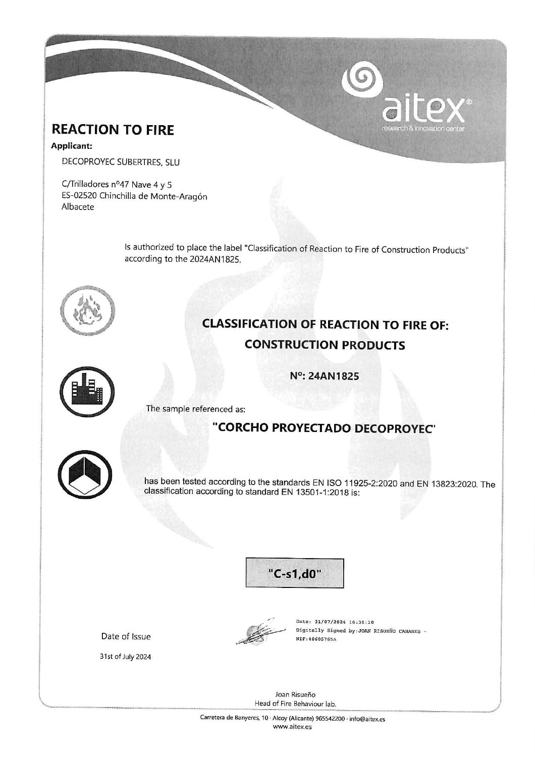 AITEX English reaction-to-fire certificate 24AN1825 showing C-s1,d0, issued 31 July 2024