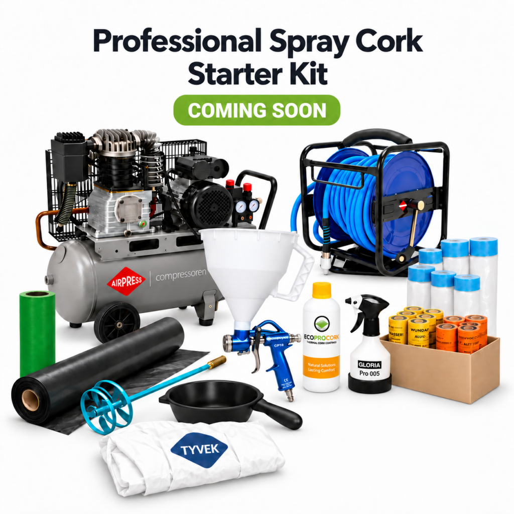 Professional spray cork starter kit with blue Decoproyec CP19 spray gun, Airpress compressor, hose reel, mixing tools and masking supplies — coming soon